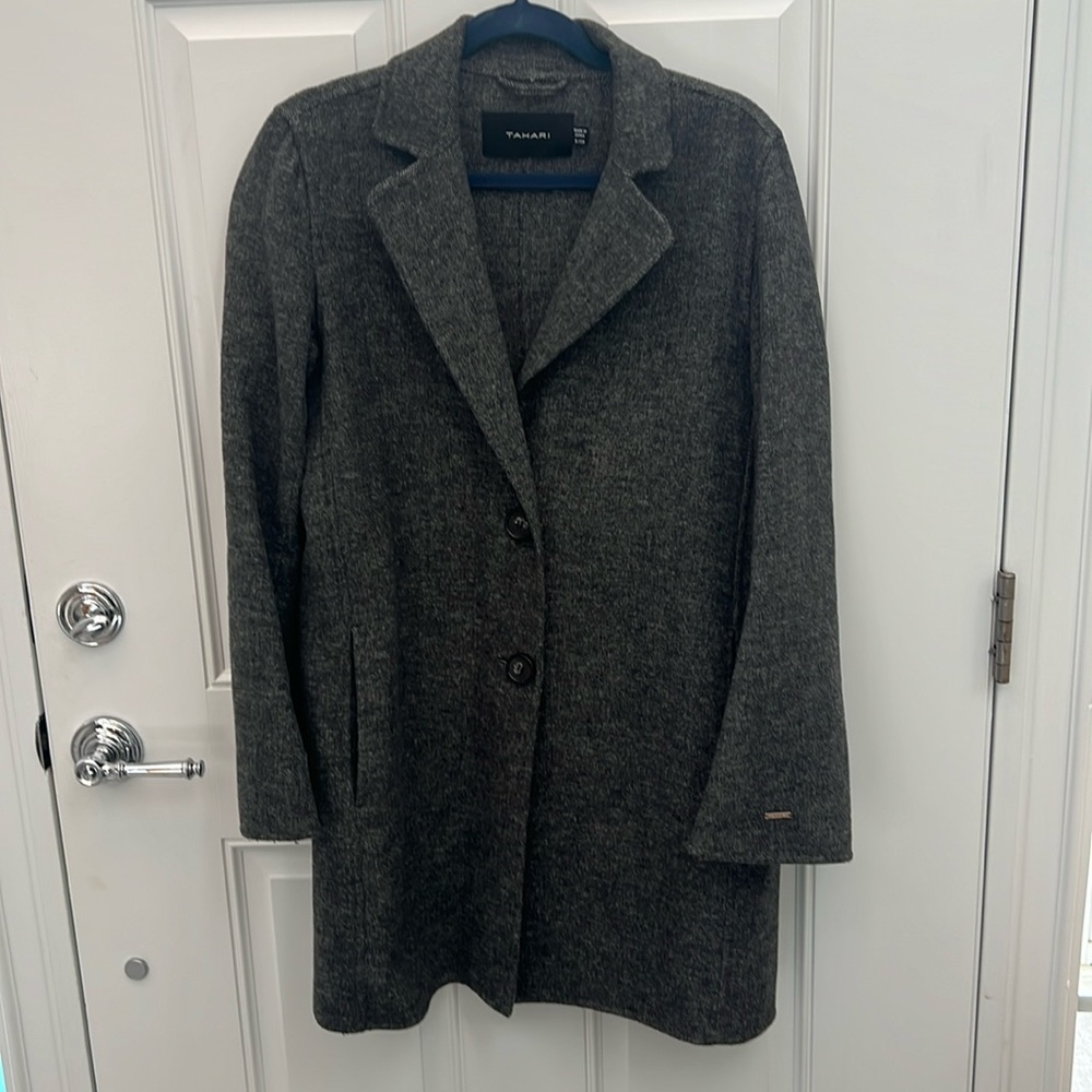 TAHARI wool blend coat size small….. hits right above the knees…. I’m 5’6”